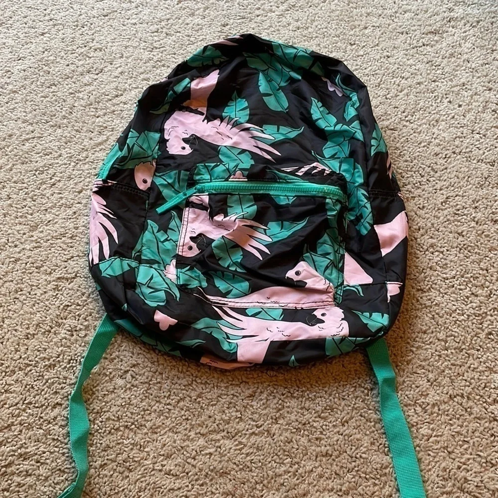 Foldable Black Backpack Flamingos Tropical Leaves Travel Adjustable Strap EUC